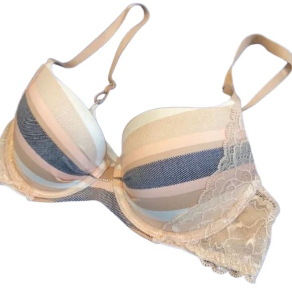 Victoria's Secret Other - Victoria’s Secret Fabulous Beige Demi Bra 32C Lace Striped Lined Underwire Shiny